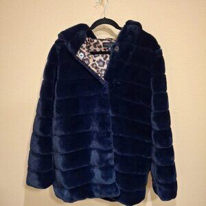 Laundry By Shelli Segal Faux Fur Quilted Jacket Hooded Size L Midnight Blue